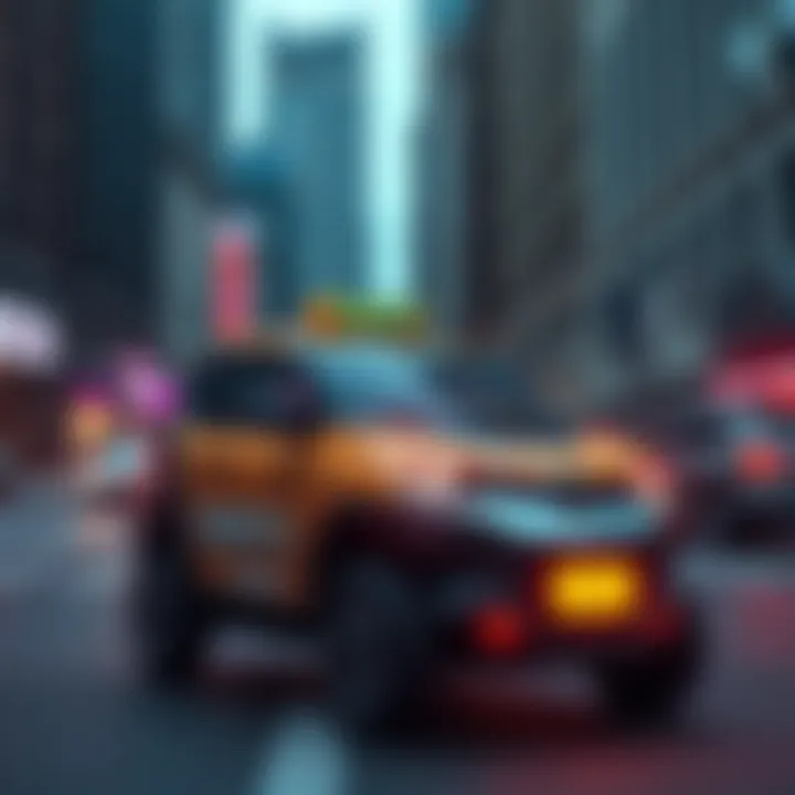 A robotaxi driving through a busy urban area with people walking nearby and buildings in the background.