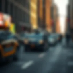 A busy city street with several robotaxis picking up and dropping off passengers, showcasing the rise of autonomous taxi services