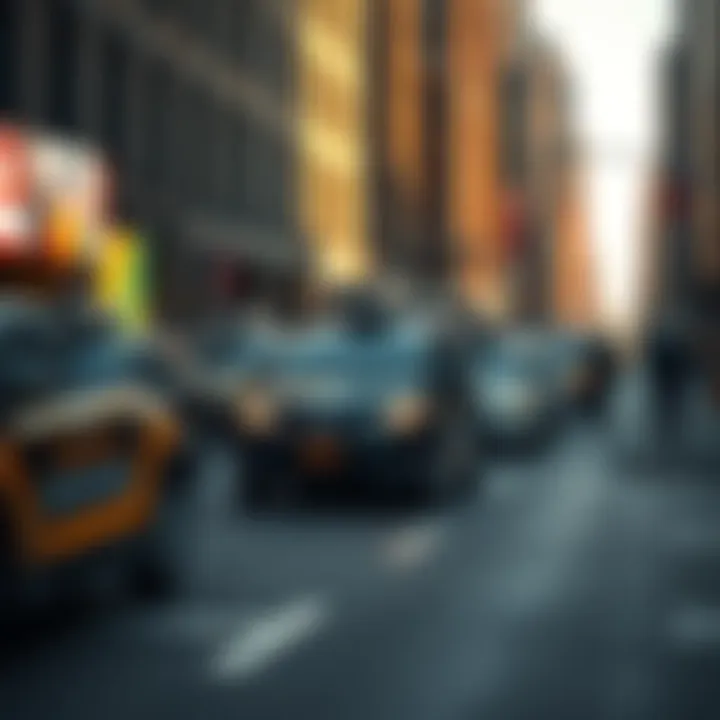 A busy city street with several robotaxis picking up and dropping off passengers, showcasing the rise of autonomous taxi services