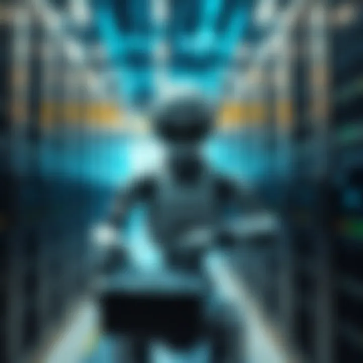A robot performing tasks in a data center, surrounded by servers and equipment.