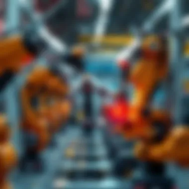 Several robotic arms in a factory working together, with one showing signs of malfunction, symbolizing vulnerability to attacks.