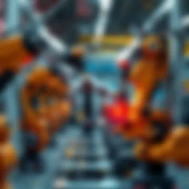 Robots in a factory setting Several robotic arms in a factory working together, with one showing signs of malfunction, symbolizing vulnerability to attacks.
