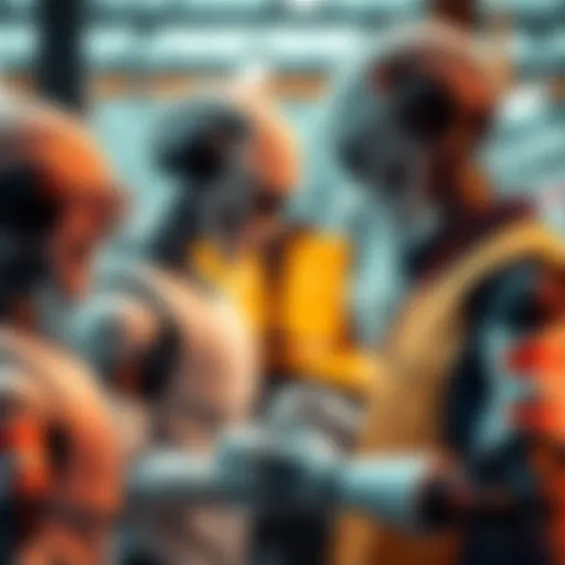 A scene showing robots assisting people in various jobs, symbolizing automation in the workforce