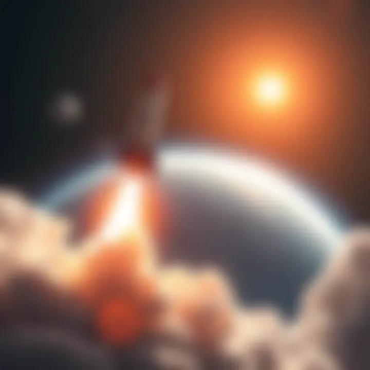 A rocket launching into space with Earth in the background, symbolizing the quest for human colonization of other planets.