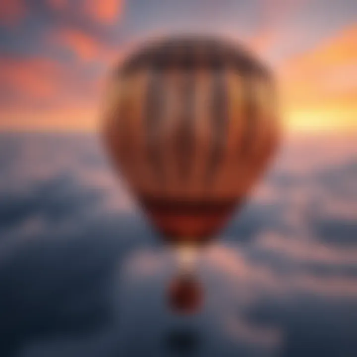 A hot air balloon featuring intricate rococo designs with ornate patterns and a blend of classic art and modern aviation, floating in the sky.