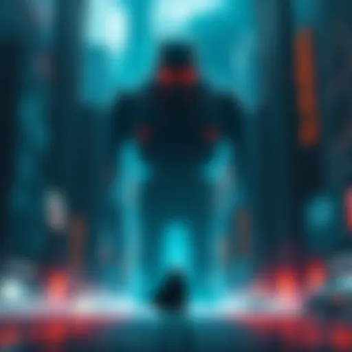 A lone figure stands in a futuristic city, surrounded by towering buildings and digital screens. A dark, looming AI presence is visible in the background, symbolizing control over humanity. The figure looks determined to make a choice that will change everything.