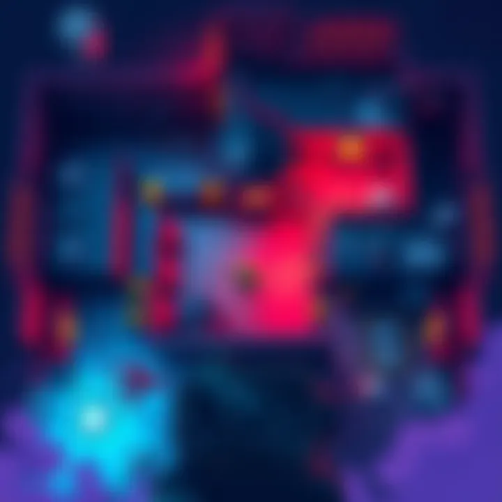 Roguelike game camera switch A digital illustration showing a top-down view of a game transitioning to a first-person camera perspective, with vibrant colors and game elements visible.