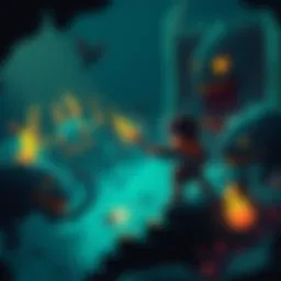 A pixelated character battling monsters in a dark dungeon setting, showcasing elements of roguelike gameplay.