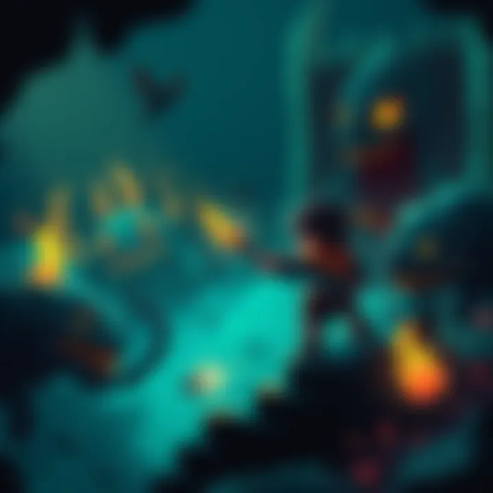 A pixelated character battling monsters in a dark dungeon setting, showcasing elements of roguelike gameplay.