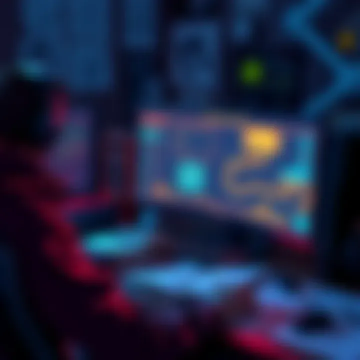 Roguelike Game Development A developer coding a roguelike game with game mechanics displayed on a computer screen and concept sketches around.