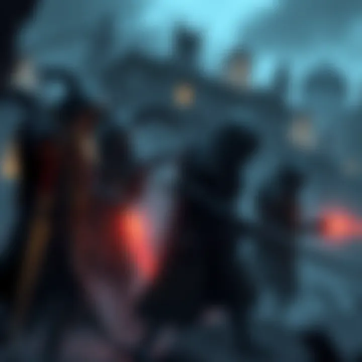 A scene showing several unique characters in a dark fantasy setting, strategizing against threats with a city in the background, highlighting tensions and challenges of permadeath.