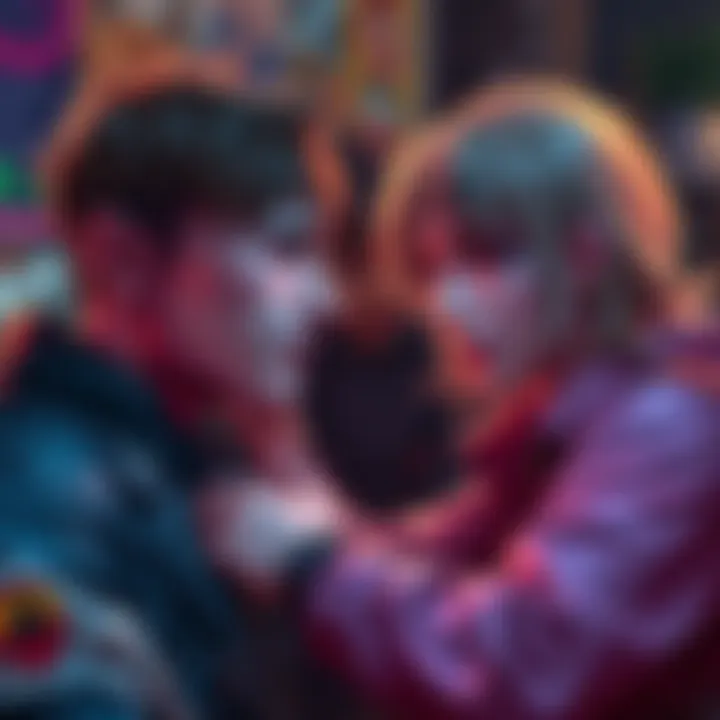 Two characters in a roleplay setting express deep emotions while balancing humor and connection, with vibrant expressions.
