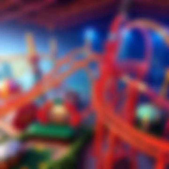 A vibrant scene of a roller coaster in a colorful amusement park setting, with players engaging on leaderboards and sharing feedback online.