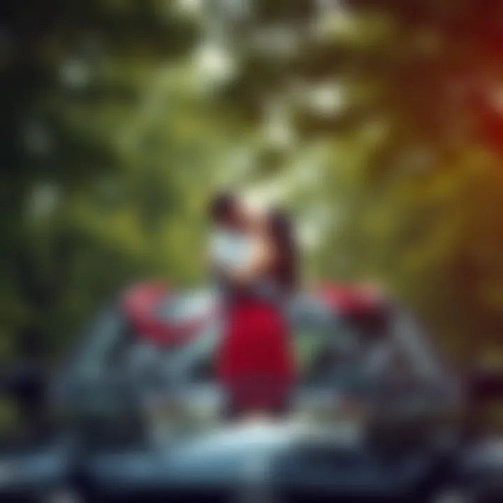 A couple sharing a kiss while sitting on the hood of a car, surrounded by lush green trees, creating a romantic atmosphere.