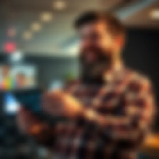 Ron Swanson, a bearded man in a plaid shirt, smiles while holding a tablet displaying A.I. graphics