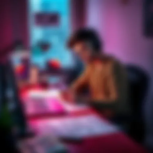 A rookie game developer sits at a desk with a laptop, brainstorming ideas while surrounded by sketches and notes.