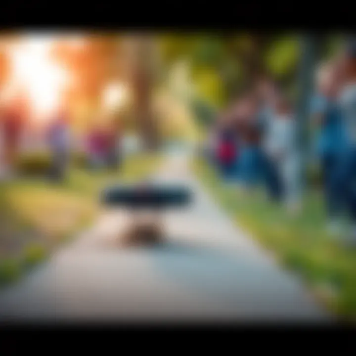A Roomba on a skateboard, joyfully gliding along a park path, surrounded by cheering people.