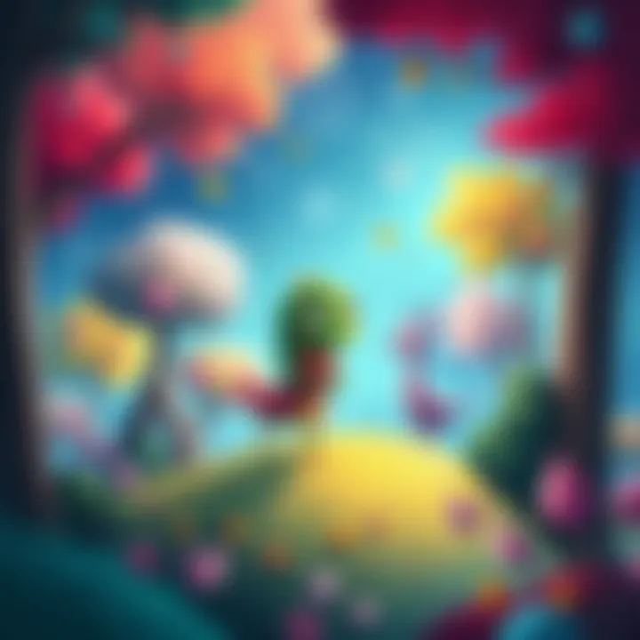 A whimsical illustration featuring Rosewater Pickle, a playful character in a vibrant, enchanted realm with colorful trees and magical creatures around her.