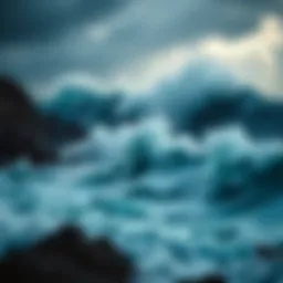High waves crashing violently against a rocky shore with dark storm clouds overhead.