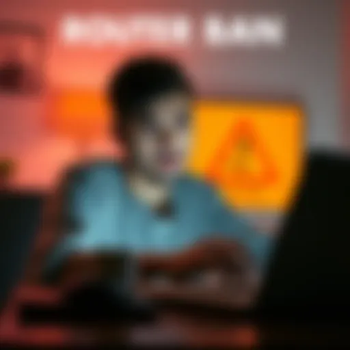 Router Ban Impact A person looking worried while browsing the internet on a laptop with a warning sign about router security in the background.