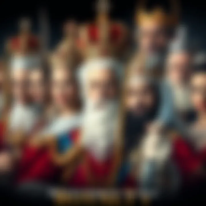 A collage of various royal figures from different cultures, showcasing crowns, scepters, and traditional attire.