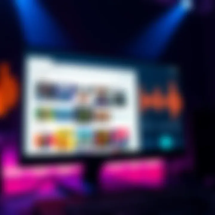 A computer screen displaying various royalty-free music websites for game developers with audio waves in the background.