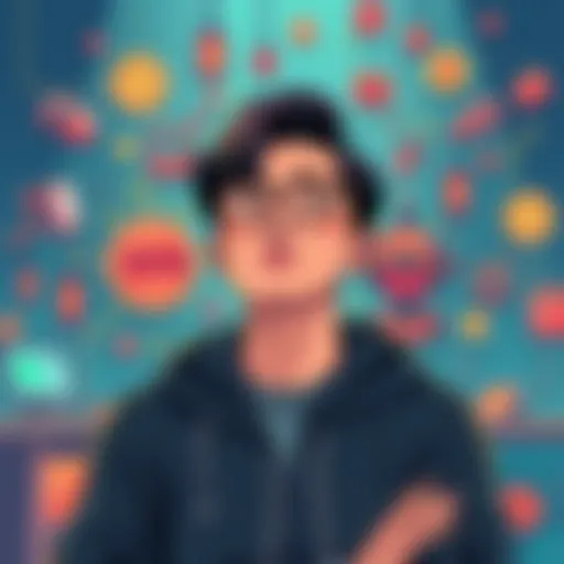 An illustration of a student pondering career choices in technology, surrounded by symbols of automation and coding.