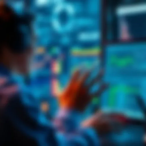 A person interacting with Robotic Process Automation tools like Blue Prism and UIPath on a computer screen, showcasing automation technology.
