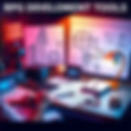 RPG Game Development Tools A developer sits at a desk with a laptop, sketching RPG structures and tracking quests, surrounded by notes and character designs.