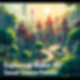 A scene from an RPG Maker MZ game showing a character exploring a vibrant world filled with trees, buildings, and puzzles, without any signs of combat.