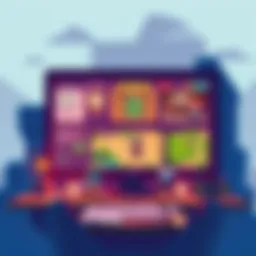 A vibrant illustration showing an RPG Maker interface with characters, tiles, and game mechanics, highlighting community collaboration and creativity.