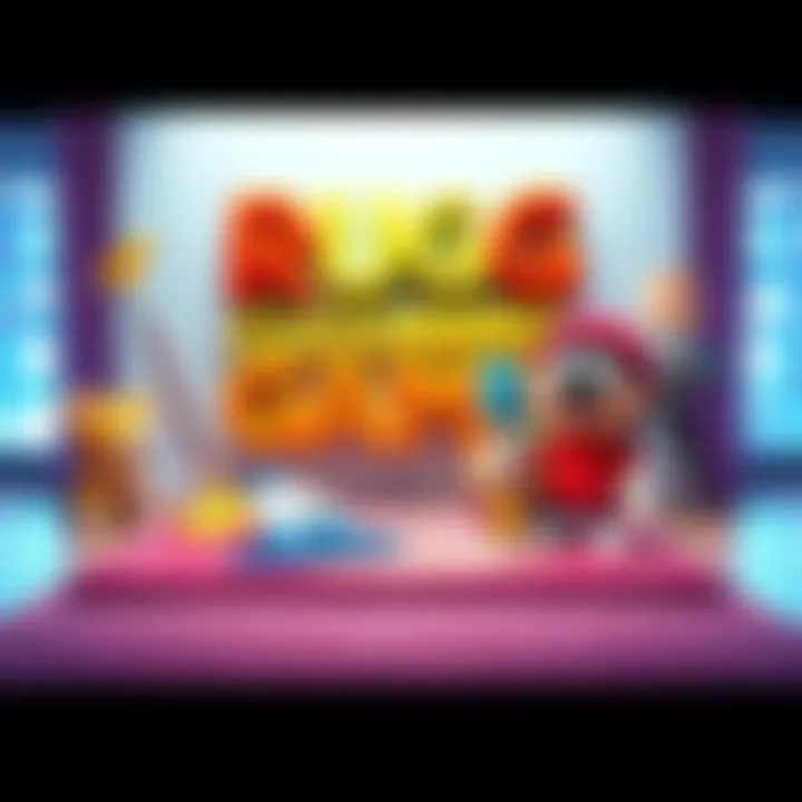 A vibrant graphic showcasing a colorful rug with cleaning tools and animated characters celebrating the game's release.
