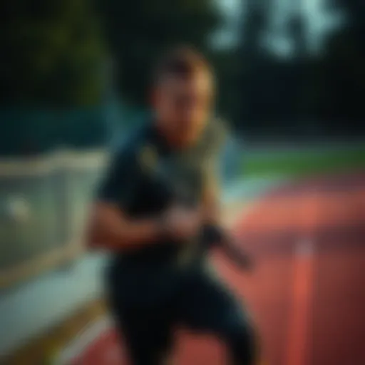 A determined runner practicing combat skills at an outdoor training area, focusing on improving performance.