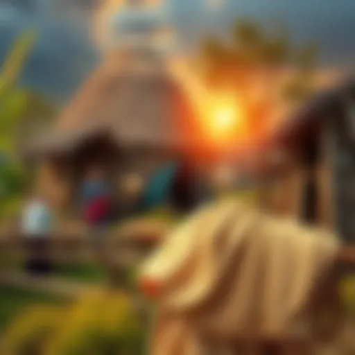 A serene village scene depicting people living simply in harmony with nature, showcasing traditional farming practices and hand-crafted tools to reflect a pre-industrial lifestyle.
