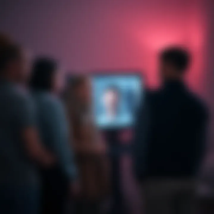 A Russian family stands together, looking at a digital screen displaying a virtual image of a deceased relative. The scene captures a mix of emotions as they interact with the AI-generated representat...