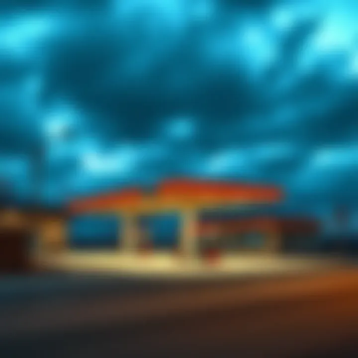 A photo of a Russian gas station with buildings and fuel pumps