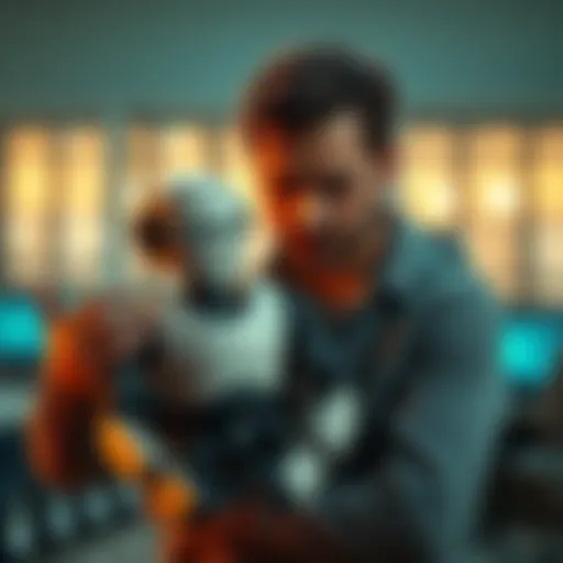 A person looking distressed while holding a broken Bill handyman bot, showing signs of heartache over the loss of their digital creation.