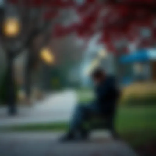 Sad person sitting alone A person with a sad expression sitting alone on a park bench, reflecting on lost love.