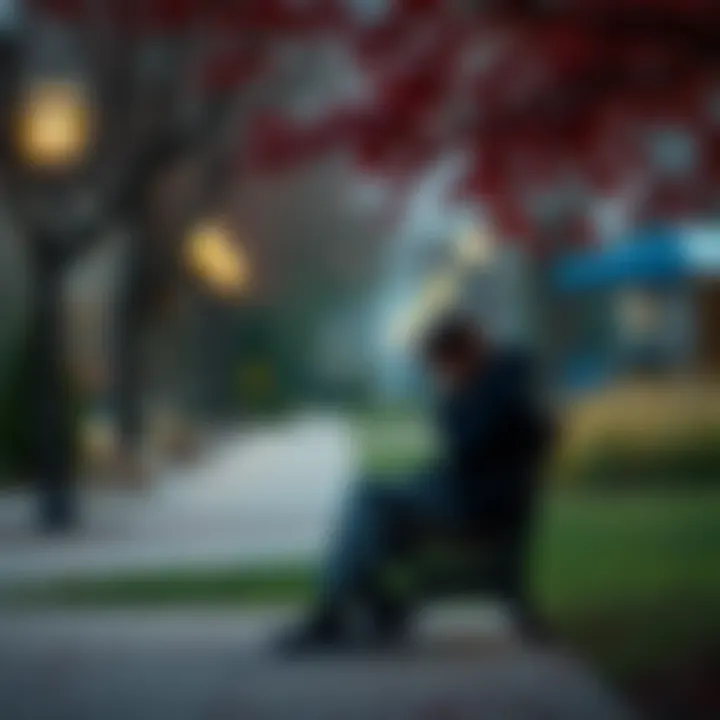 Sad person sitting alone A person with a sad expression sitting alone on a park bench, reflecting on lost love.