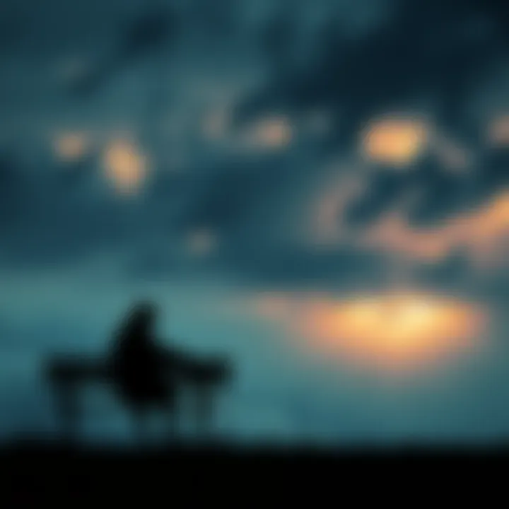 A person sitting alone on a bench, looking down, surrounded by a cloudy sky, reflecting sadness.