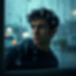 A person looking out a rainy window, deep in thought, with a somber expression.