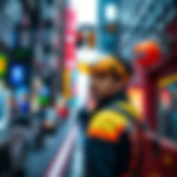 A person looking around cautiously in a busy street, demonstrating safety awareness