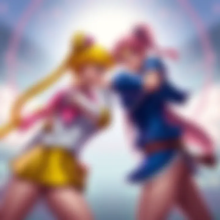 Sailor Moon and Sakura from Street Fighter facing each other in an epic showdown, showcasing their distinct outfits and fighting poses.