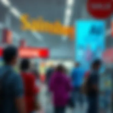 Sainsbury's store interior showing AI scanning system in use, with customers looking concerned about shoplifting accusations