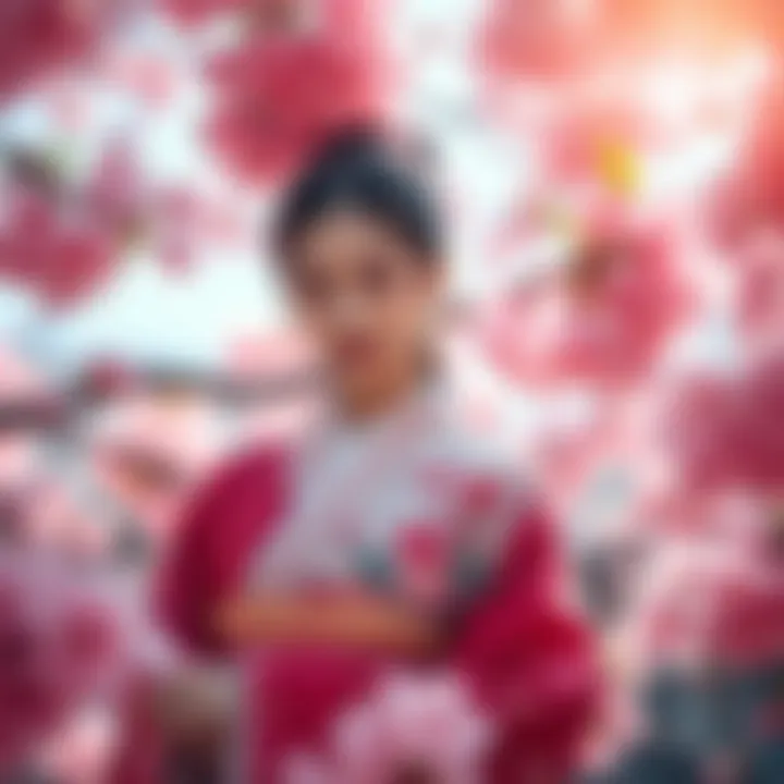 A young woman dressed in traditional Japanese clothing surrounded by vibrant cherry blossoms, symbolizing beauty and culture.