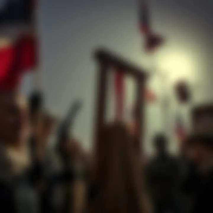 A group of Salem residents holding a guillotine during a protest against a data center proposal