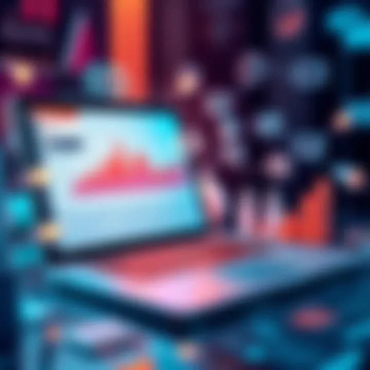 A visual representation of sales automation, showing a laptop with graphs, instant messages, and lead scoring metrics, highlighting efficiency in sales operations.