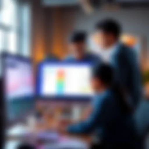 A sales team collaborating over a computer screen displaying a sales deck automation tool, simplifying their workflow and improving efficiency.