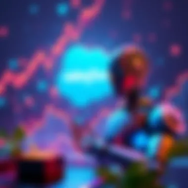 A visual representation of Salesforce investing money in AI tokens, with a graph showing financial growth and a robotic figure indicating AI technology.