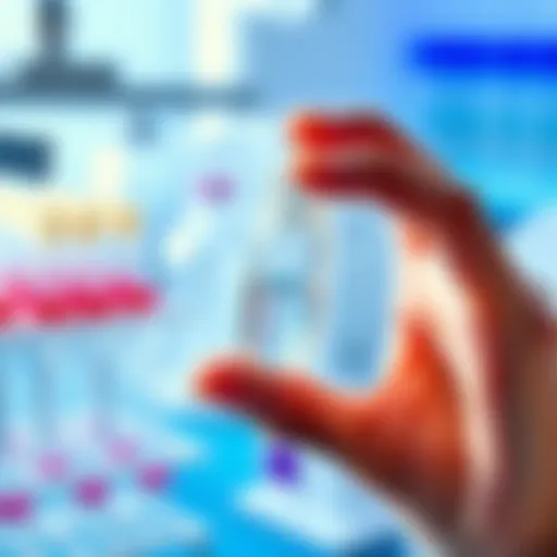 A person holding a small container for saliva sample collection, with a scientific backdrop including test tubes and lab equipment.